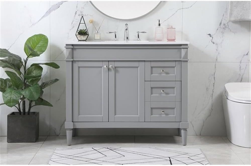 Pemberly Row 42' Aluminum MDF Bathroom Vanity, Gray Finish, Quartz Countertop in Ivory White, Rectangular Sink, Soft Close Hinges and Glides, 2-Door Cabinet, Modern Transitional Style for Bathroom Use