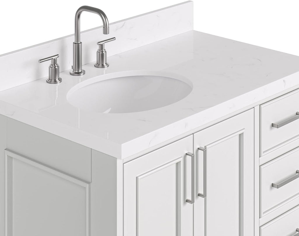 ARIEL Stafford 36-inch Bathroom Vanity with Sink,Solid Wood, 1.5-inch Carrara White Quartz Countertop & Backsplash, Single Oval Porcelain Sink, 2 Soft Closing Doors, 5 Dovetail Drawers, White