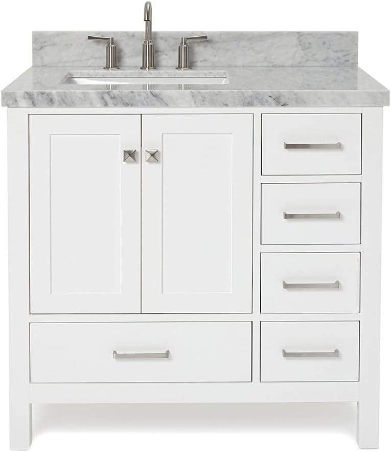 ARIEL Cambridge 36-inch Bathroom Vanity with Sink,Solid Wood, 1.5-inch Italian Carrara Marble Countertop, Single Rectangular Porcelain Sink, 2 Soft Closing Doors, 5 Dovetail Drawers, White