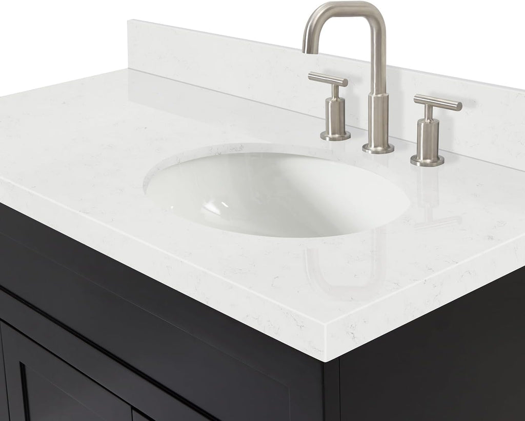 ARIEL Hamlet 42 in. Right Offset Oval Sink Bathroom Vanity with Carrara White Quartz Countertop 1.5 Edge in Black