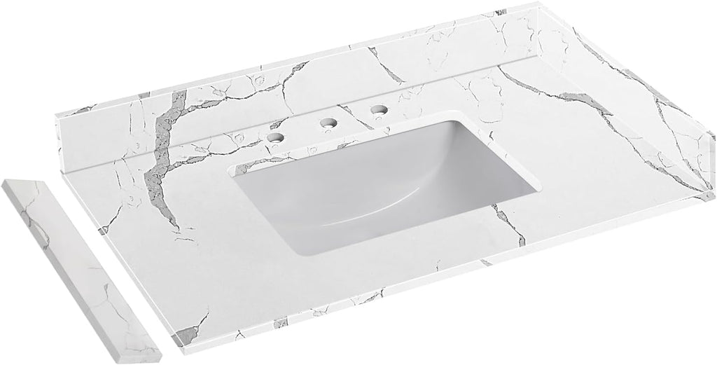 36 in.W x 22 in.D Quartz Calacatta River Vanity Top,with Undermount Middle Sink Vanity Top,with Two Sidesplash & One Backsplash,8 Inch Faucet Hole Spread Bathroom Vanity Sink Countertop