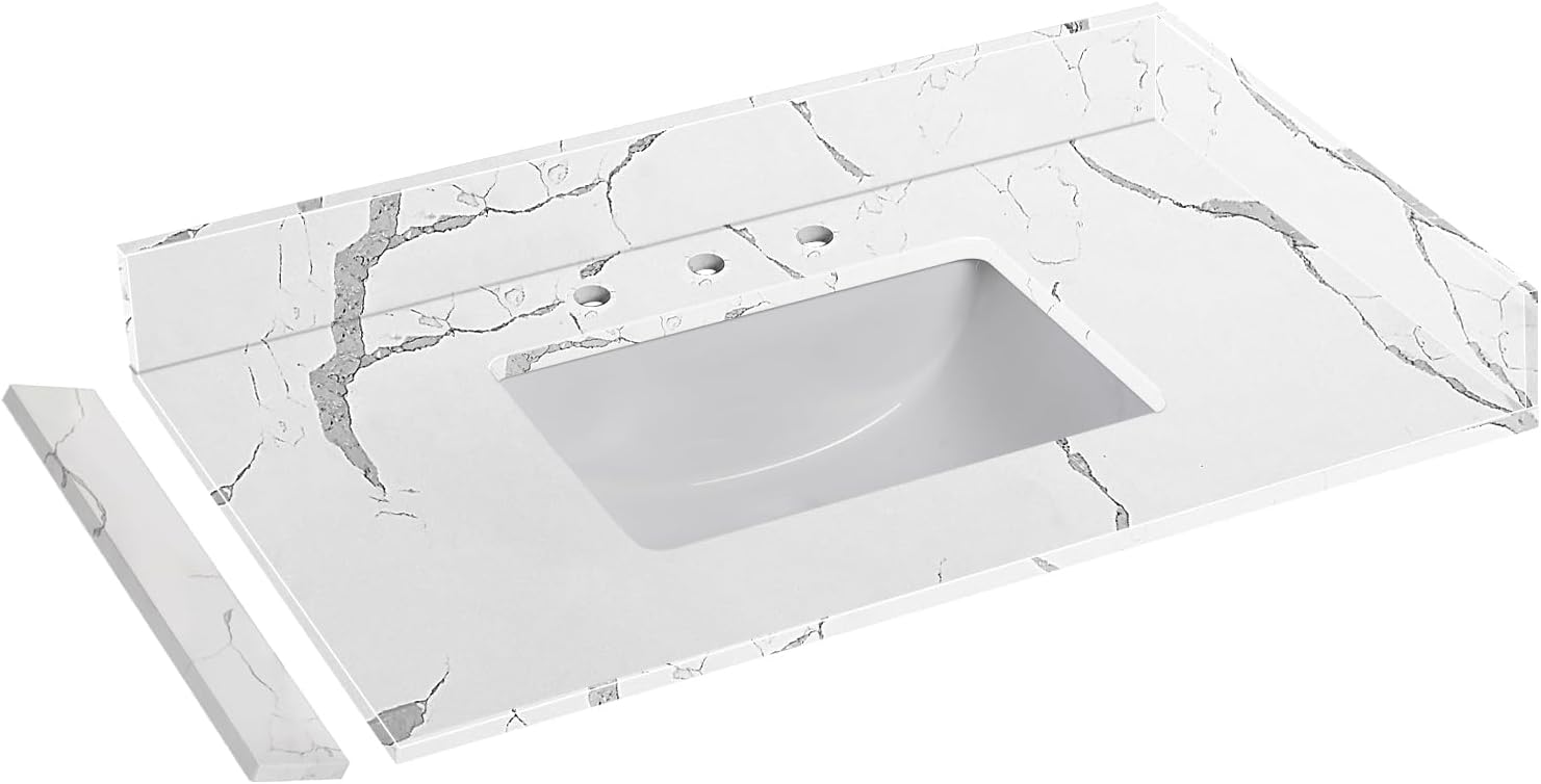36 in.W x 22 in.D Quartz Calacatta River Vanity Top,with Undermount Middle Sink Vanity Top,with Two Sidesplash & One Backsplash,8 Inch Faucet Hole Spread Bathroom Vanity Sink Countertop