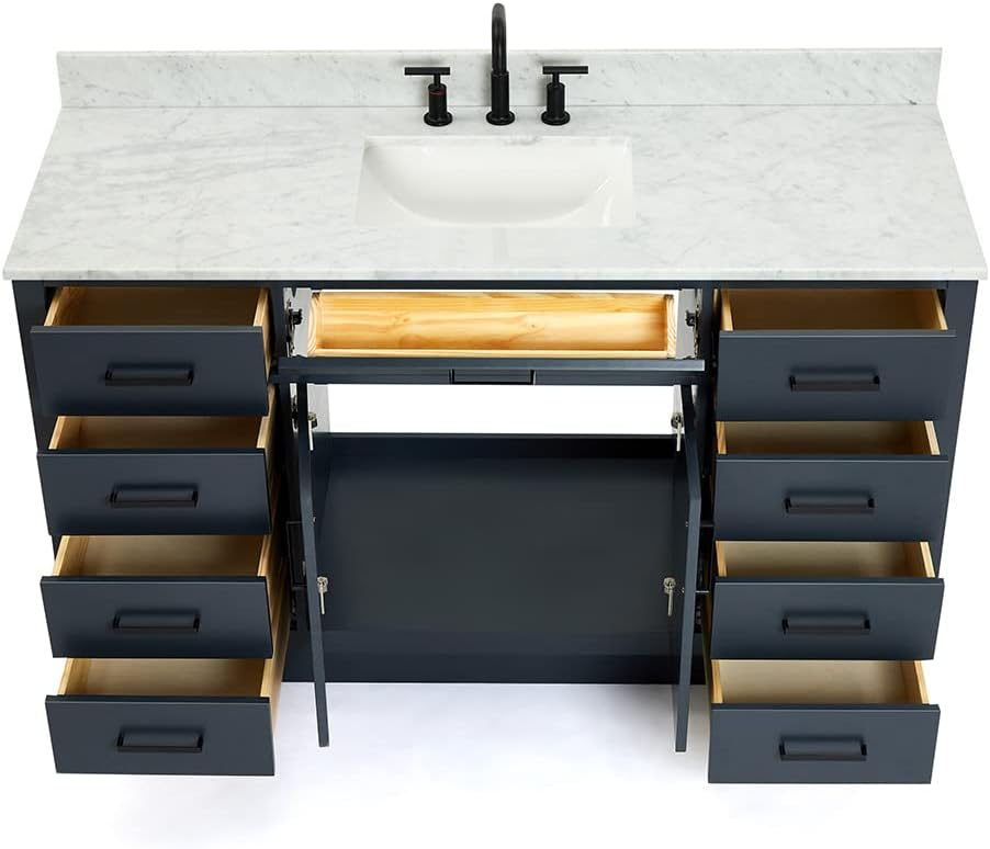 ARIEL Hepburn 60-inch Bathroom Vanity with Sink,Solid Wood, 0.75-inch Italian Carrara Marble Countertop, Single Rectangular Porcelain Sink, 2 Soft Closing Doors, 9 Dovetail Drawers, Midnight Blue
