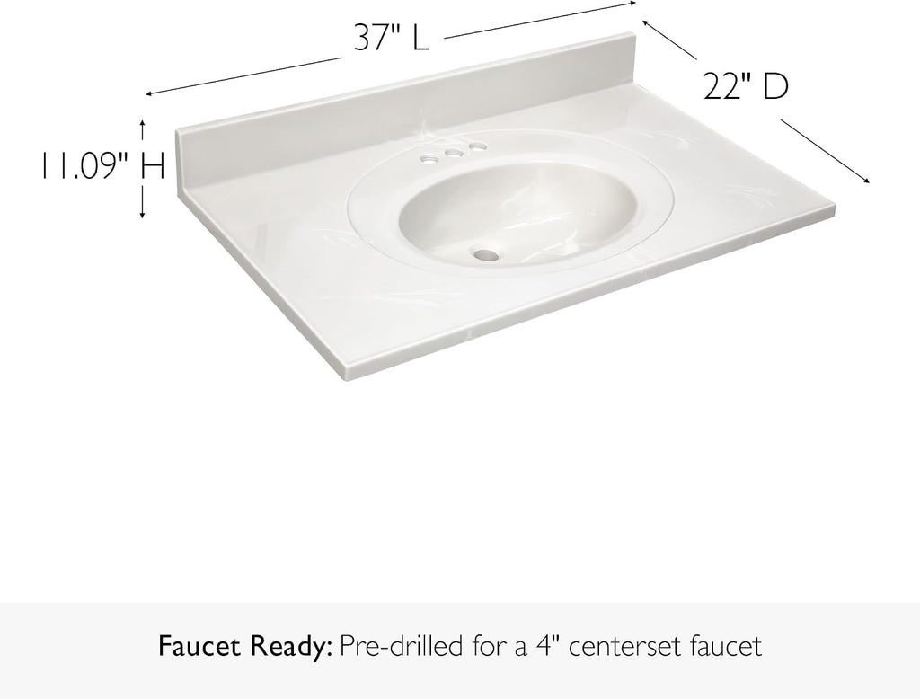 Pemberly Row Cultured Marble Vanity Top, 37' x 22', White on White Ivory Swirl Finish, Integrated Oval Sink with Overflow, Pre-Drilled 4-Inch Centerset, 4-Inch Backsplash, Durable Easy-Clean Bathroom