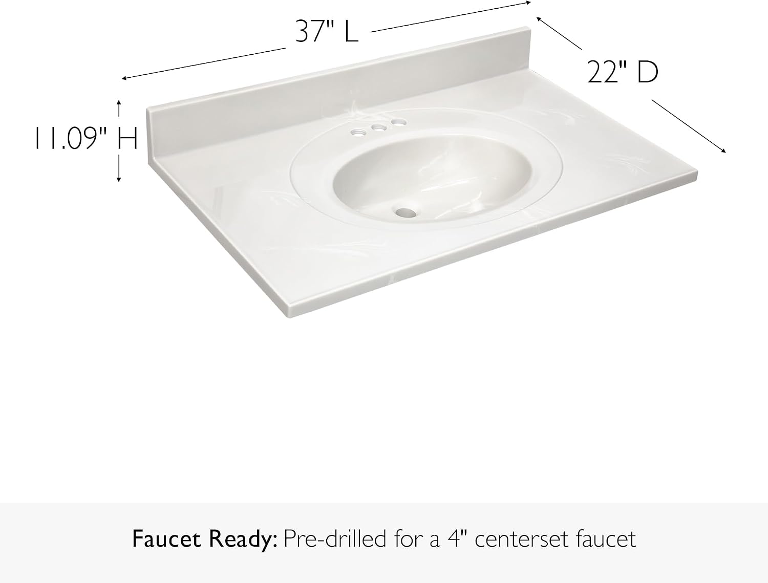 Pemberly Row Cultured Marble Vanity Top, 37' x 22', White on White Ivory Swirl Finish, Integrated Oval Sink with Overflow, Pre-Drilled 4-Inch Centerset, 4-Inch Backsplash, Durable Easy-Clean Bathroom