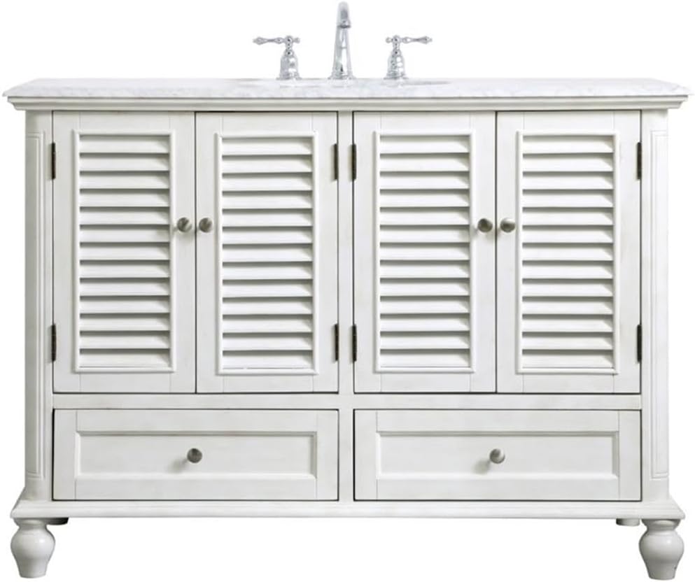 Pemberly Row 48' Bathroom Vanity, Antique White Finish, Solid Wood Base with Carrara Marble Top, Porcelain Undermount Sink, 4 Cabinet Doors and 2 Soft-Close Drawers, Free-Standing for Bathroom Use