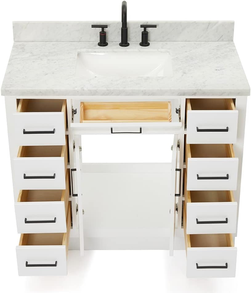 DKB Isabella 42-Inch White Single Bathroom Vanity with Sink, 1.5' Edge Italian Carrara Marble Countertop & Splash, Rectangular Undermount Sink, 2 Soft Closing Doors, 9 Dovetail Drawers, Toe Kick