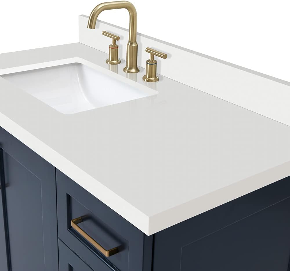 ARIEL Taylor 42-inch Bathroom Vanity with Sink,Solid Wood, 1.5-inch Pure White Quartz Countertop, Single Rectangular Porcelain Sink, 2 Soft Closing Doors, 5 Dovetail Drawers, Midnight Blue