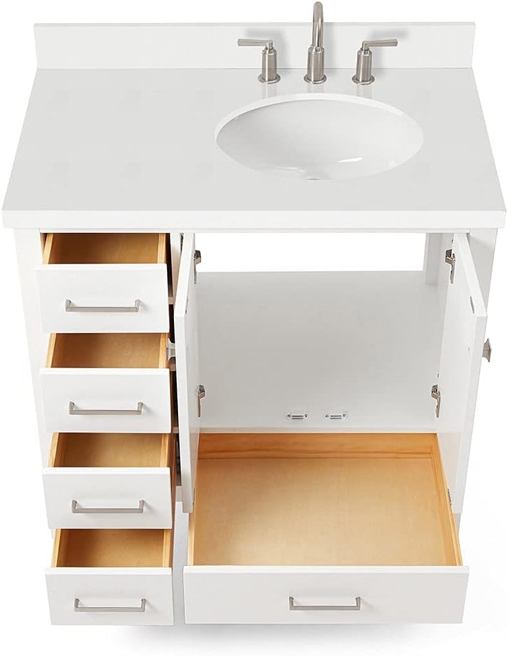 ARIEL Cambridge 36-inch Bathroom Vanity with Sink,Solid Wood, 1.5-inch Pure White Quartz Countertop & Backsplash, Single Oval Porcelain Sink, 2 Soft Closing Doors, 5 Dovetail Drawers, White
