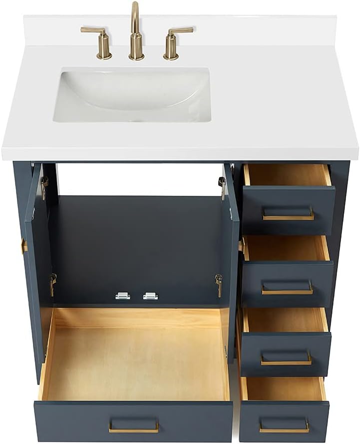 ARIEL Cambridge 36-inch Bathroom Vanity with Sink,Solid Wood, 1.5-inch Pure White Quartz Countertop, Single Rectangular Porcelain Sink, 2 Soft Closing Doors, 5 Dovetail Drawers, Midnight Blue