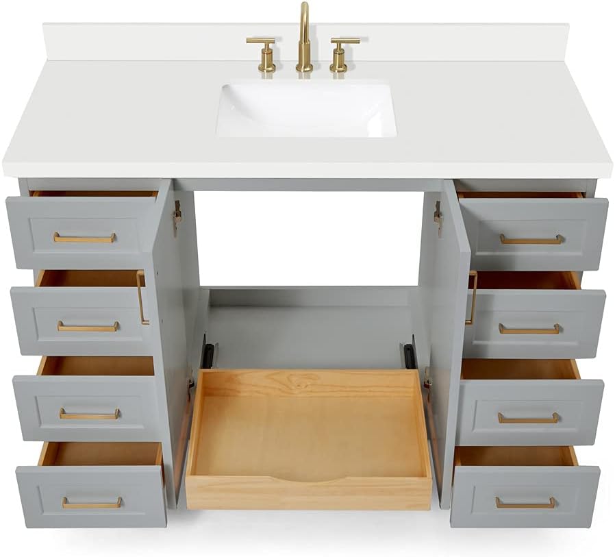 ARIEL Taylor 54-inch Bathroom Vanity with Sink,Solid Wood, 1.5-inch Pure White Quartz Countertop & Backsplash, Single Rectangular Porcelain Sink, 2 Soft Closing Doors, 9 Dovetail Drawers, Grey