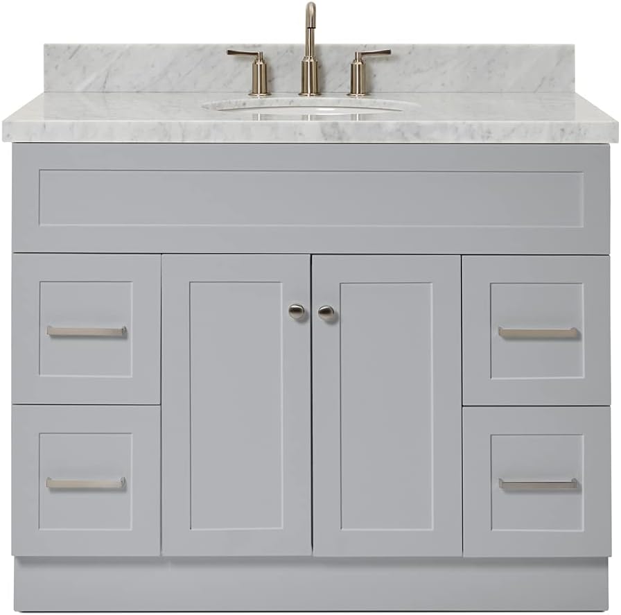 ARIEL Hamlet 42-inch Bathroom Vanity with Sink,Solid Wood, 1.5-inch Italian Carrara Marble Countertop & Backsplash, Single Oval Porcelain Sink, 2 Soft Closing Doors, 4 Dovetail Drawers, Grey