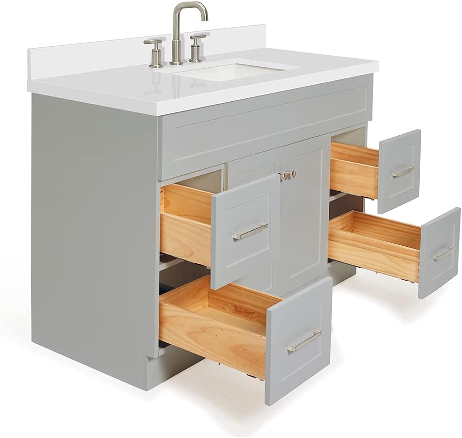 ARIEL Hamlet 48-inch Bathroom Vanity with Sink,Solid Wood, 1.5-inch Pure White Quartz Countertop & Backsplash, Single Rectangular Porcelain Sink, 2 Soft Closing Doors, 4 Dovetail Drawers, Grey