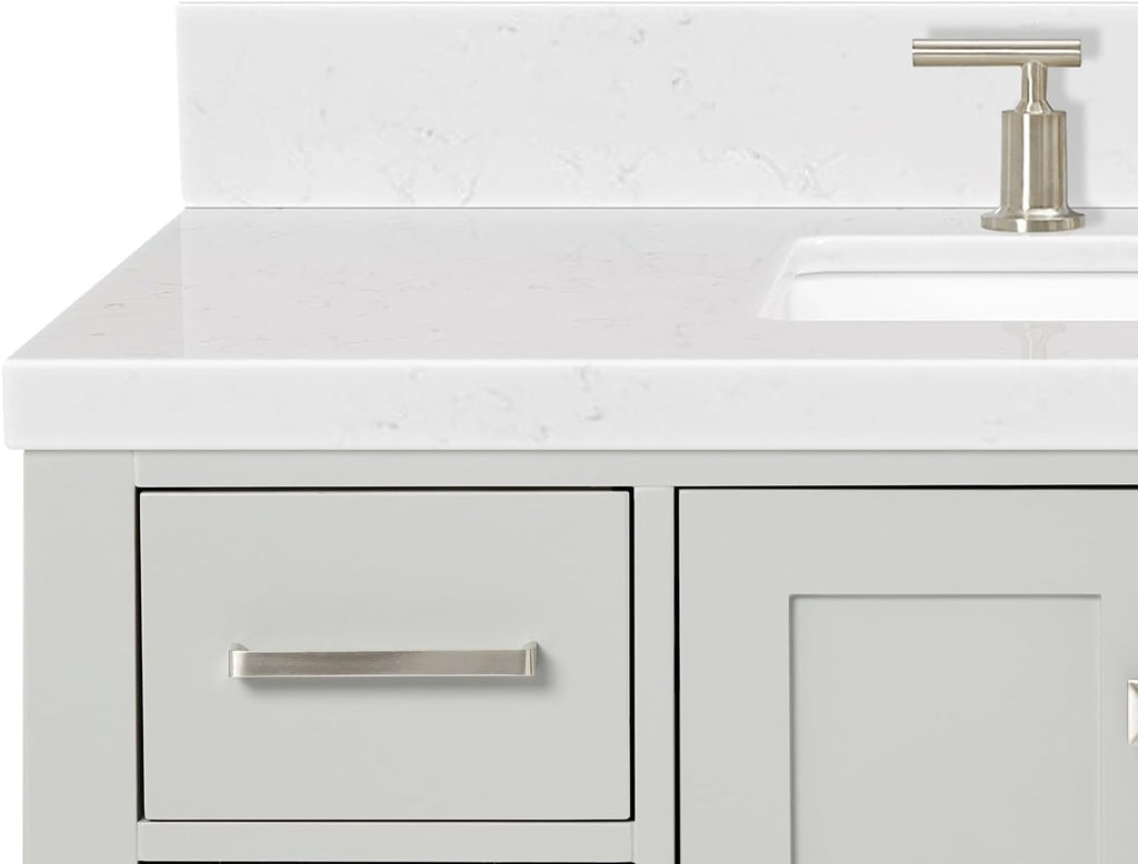 ARIEL Cambridge 42-inch Bathroom Vanity with Sink,Solid Wood, 1.5-inch Carrara White Quartz Countertop, Single Rectangular Porcelain Sink, 2 Soft Closing Doors, 9 Dovetail Drawers, Grey