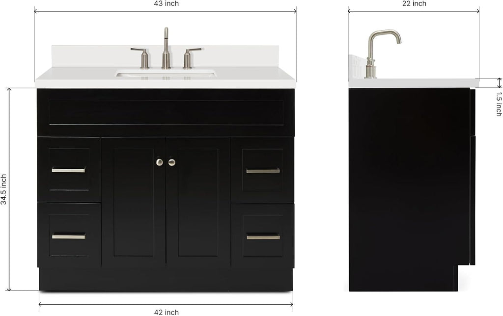 ARIEL Hamlet 42-inch Bathroom Vanity with Sink,Solid Wood, 1.5-inch Pure White Quartz Countertop & Backsplash, Single Rectangular Porcelain Sink, 2 Soft Closing Doors, 4 Dovetail Drawers, Black