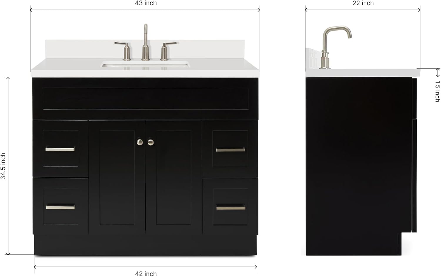 ARIEL Hamlet 42-inch Bathroom Vanity with Sink,Solid Wood, 1.5-inch Pure White Quartz Countertop & Backsplash, Single Rectangular Porcelain Sink, 2 Soft Closing Doors, 4 Dovetail Drawers, Black