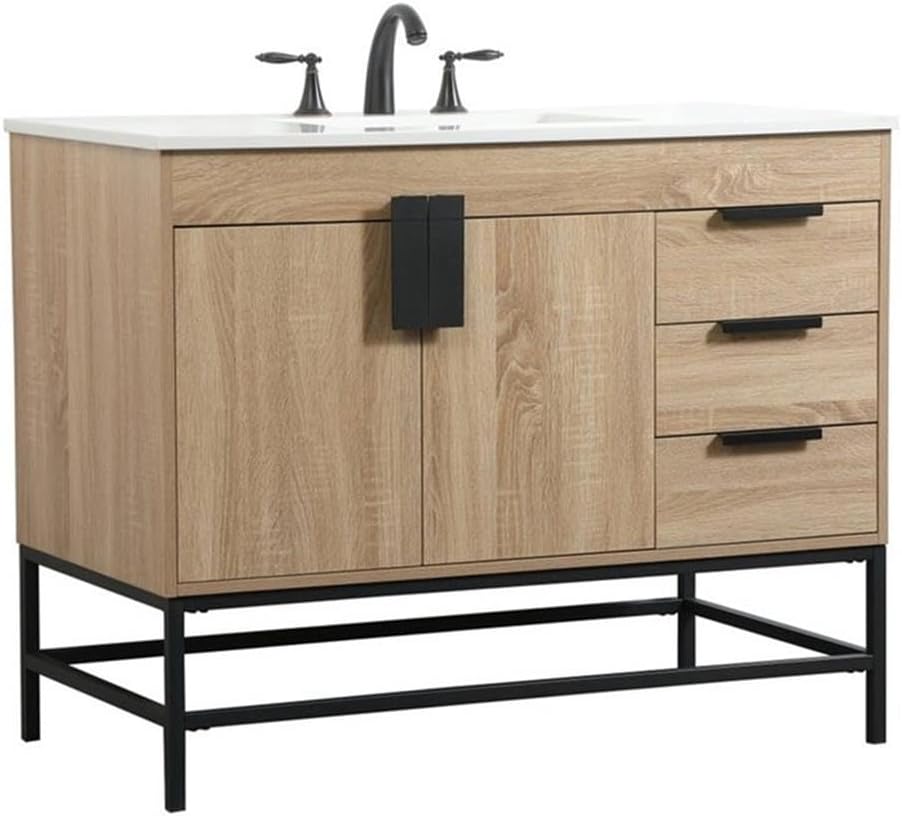 Pemberly Row 42' Aluminum MDF Bathroom Vanity, Mango Wood Finish, Ivory White Quartz Countertop, Porcelain Sink with Overflow, Soft Closing Hinges, 3 Drawers, Modern Style for Bathroom Storage
