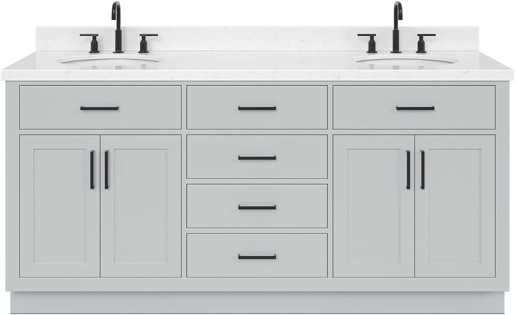 ARIEL Hepburn 72-inch Bathroom Vanity with Sink,Solid Wood, 1.5-inch Carrara White Quartz Countertop & Backsplash, Double Oval Porcelain Sink, 4 Soft Closing Doors, 6 Dovetail Drawers, Grey