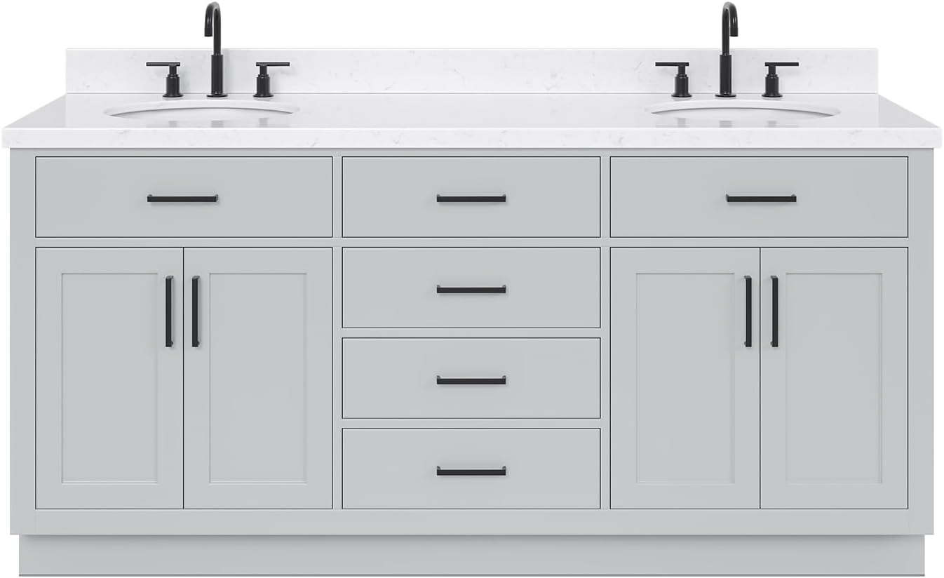 ARIEL Hepburn 72-inch Bathroom Vanity with Sink,Solid Wood, 1.5-inch Carrara White Quartz Countertop & Backsplash, Double Oval Porcelain Sink, 4 Soft Closing Doors, 6 Dovetail Drawers, Grey