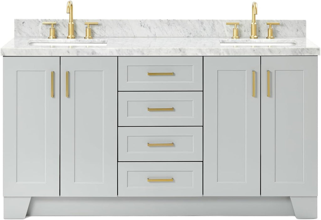 ARIEL Taylor 66-inch Bathroom Vanity with Sink,Solid Wood, 1.5-inch Italian Carrara Marble Countertop & Backsplash, Double Rectangular Porcelain Sink, 4 Soft Closing Doors, 5 Dovetail Drawers, Grey