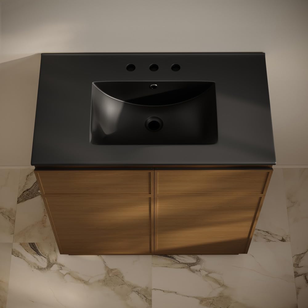 St. Tropez 36' Freestanding Bathroom Vanity in Brown Oak with Black 3-Hole Widespread Sink Top
