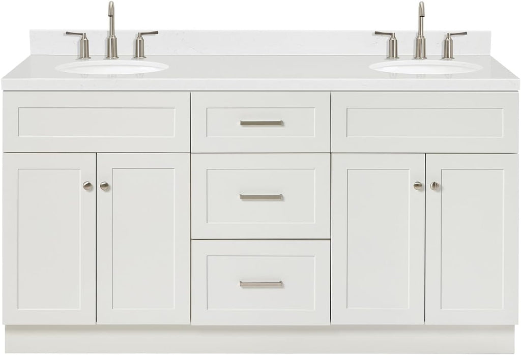ARIEL Hamlet 66-inch Bathroom Vanity with Sink,Solid Wood, 1.5-inch Carrara White Quartz Countertop & Backsplash, Double Oval Porcelain Sink, 4 Soft Closing Doors, 3 Dovetail Drawers, White
