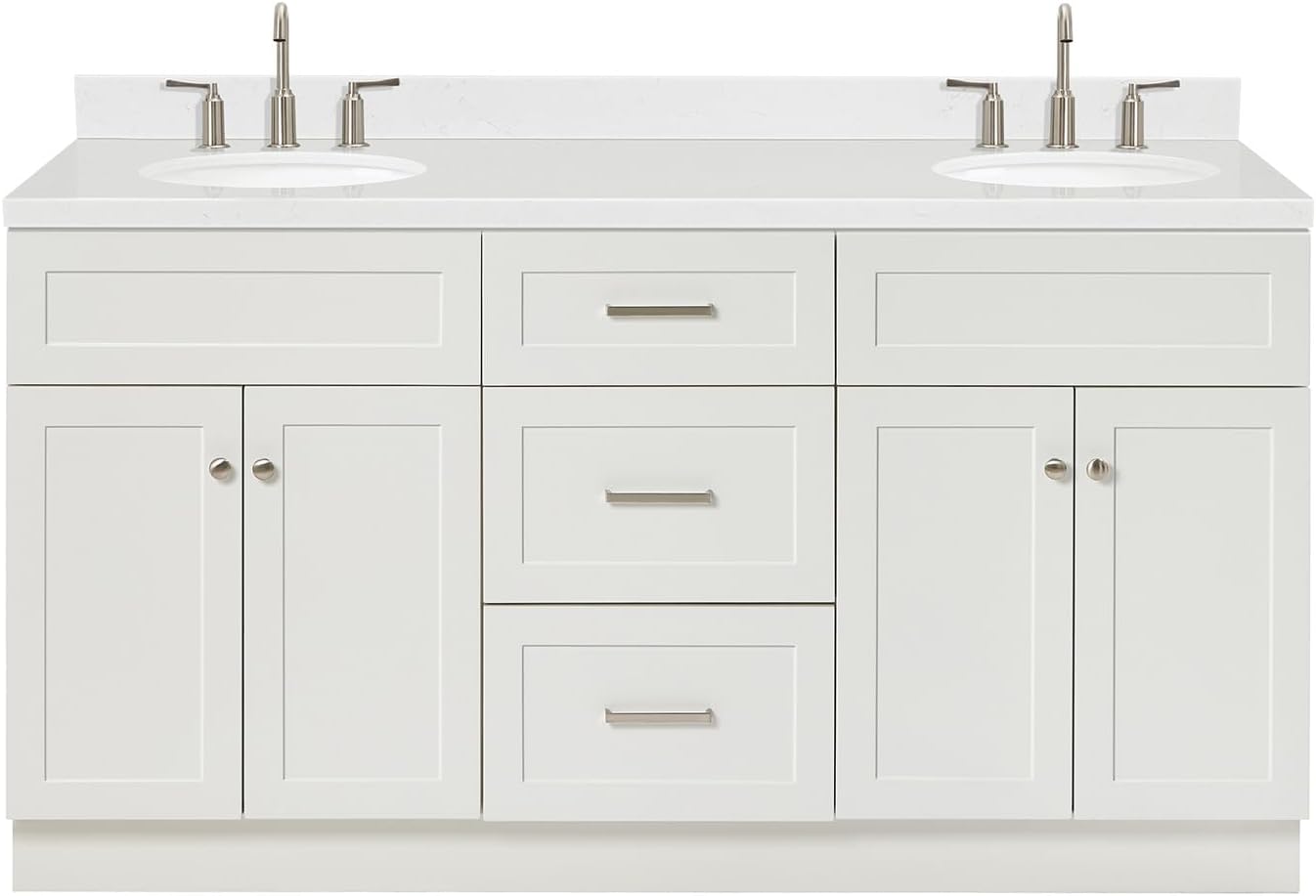 ARIEL Hamlet 66-inch Bathroom Vanity with Sink,Solid Wood, 1.5-inch Carrara White Quartz Countertop & Backsplash, Double Oval Porcelain Sink, 4 Soft Closing Doors, 3 Dovetail Drawers, White