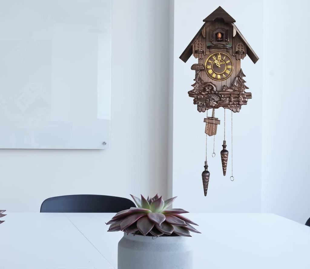 Wall Cuckoo Clocks Black Forest Wooden Cuckoo Clock. Black Forest Hand-Carved Cuckoo Clock. Bright Cuckoo Bird Sounds On The Hour and Chime Has Automatic Shut-Off. Excellent Gift.