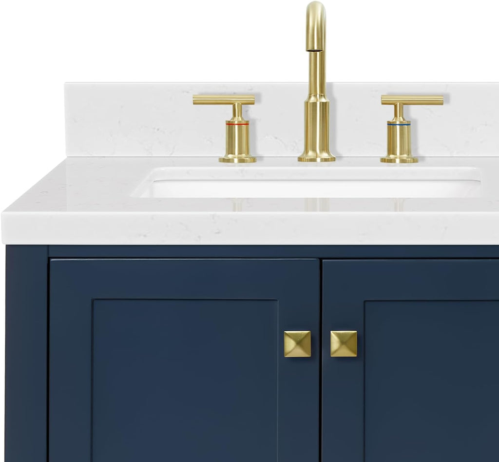 ARIEL Cambridge 42 Inch Single Left Offset Rectangle Sink Bathroom Vanity with Carrara White Quartz Countertop 1.5 Edge in Midnight Blue