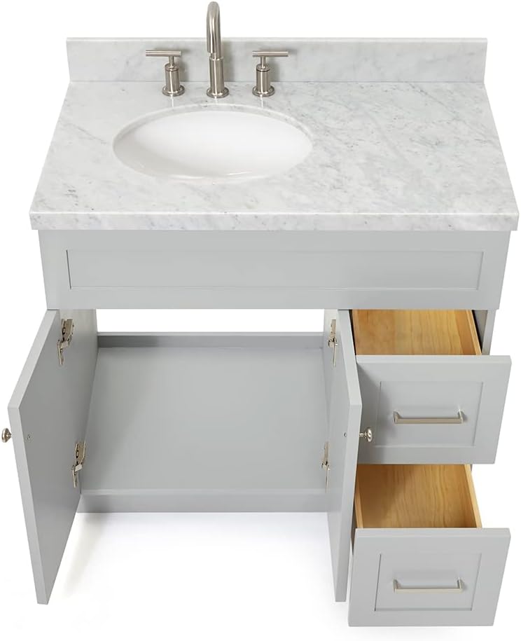DKB Bradford 36-Inch Grey Bathroom Vanity with 1.5-Inch Edge Italian Carrara Marble Countertop & Backsplash, Left Oval Sink, 2 Soft-Closing Doors, 2 Dovetail Drawers, Brushed Nickel Hardware