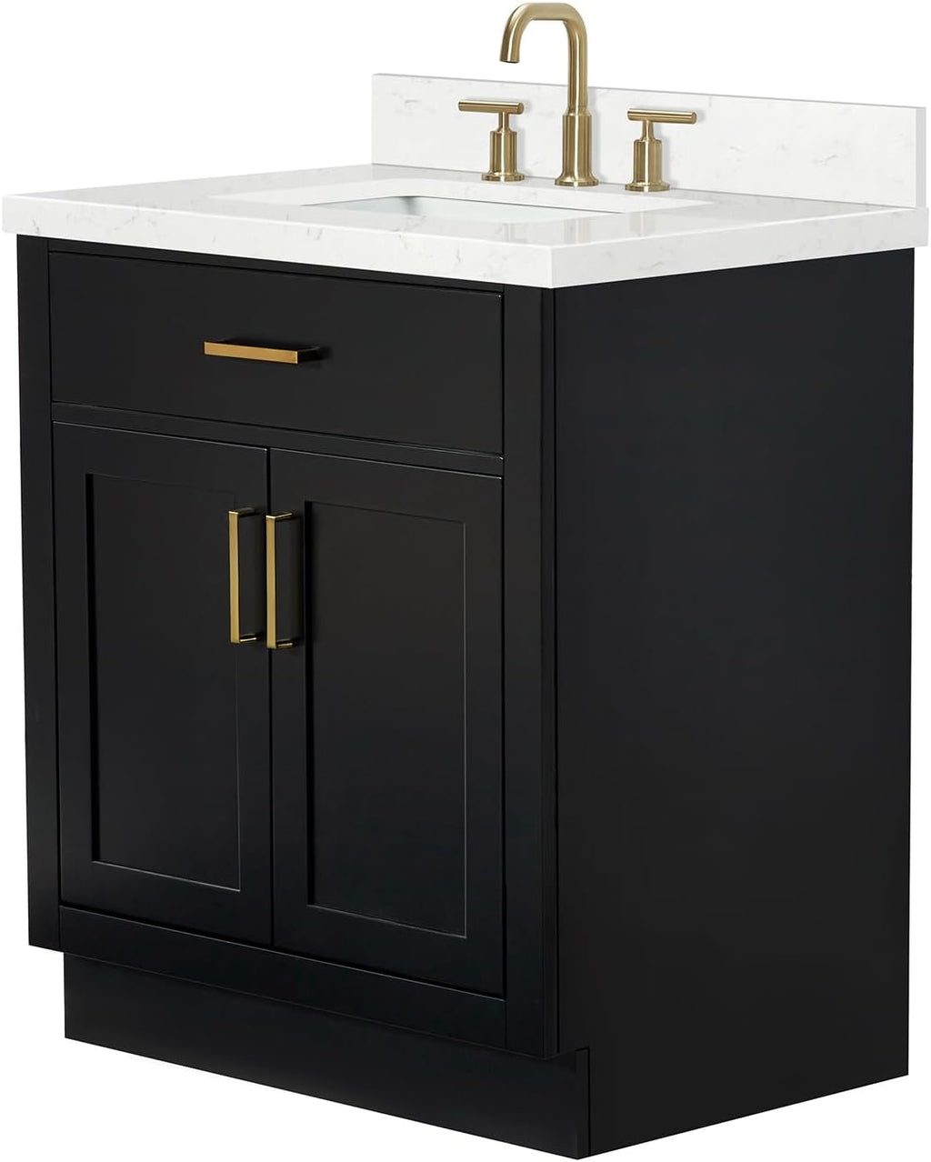 ARIEL Hepburn 30-inch Bathroom Vanity with Sink,Solid Wood, 1.5-inch Carrara White Quartz Countertop & Backsplash, Single Rectangular Porcelain Sink, 2 Soft Closing Doors, 1 Dovetail Drawers, Black