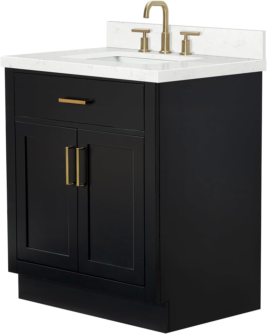 ARIEL Hepburn 30-inch Bathroom Vanity with Sink,Solid Wood, 1.5-inch Carrara White Quartz Countertop & Backsplash, Single Rectangular Porcelain Sink, 2 Soft Closing Doors, 1 Dovetail Drawers, Black