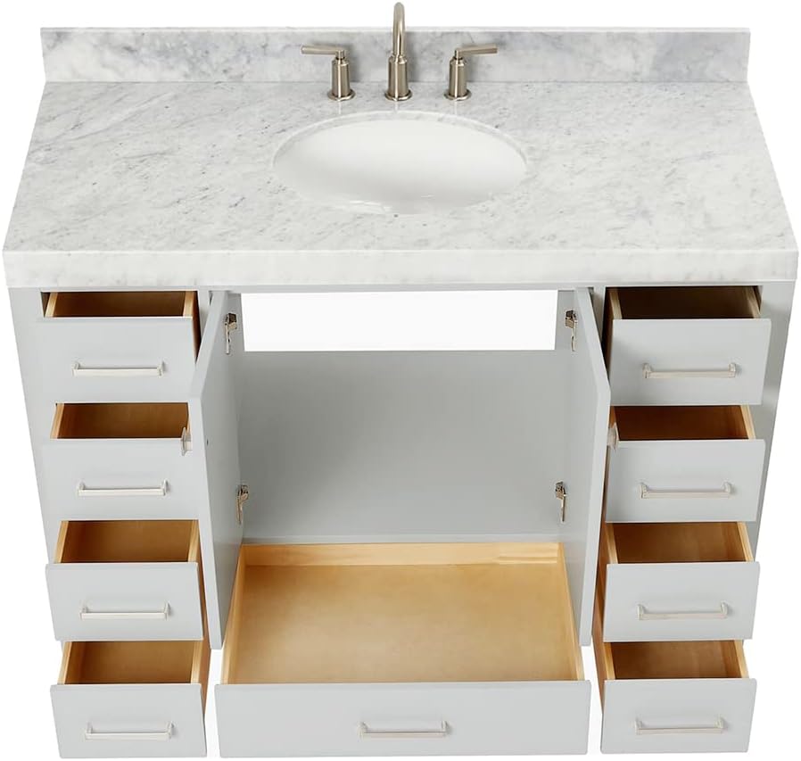 ARIEL Cambridge 48-inch Bathroom Vanity with Sink,Solid Wood, 2-inch Italian Carrara Marble Countertop & Backsplash, Single Oval Porcelain Sink, 2 Soft Closing Doors, 9 Dovetail Drawers, Grey