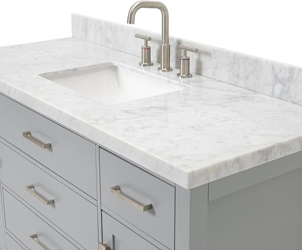 ARIEL Bristol 54-inch Bathroom Vanity with Sink,Solid Wood, 1.5-inch Italian Carrara Marble Countertop, Single Rectangular Porcelain Sink, 2 Soft Closing Doors, 5 Dovetail Drawers, Grey