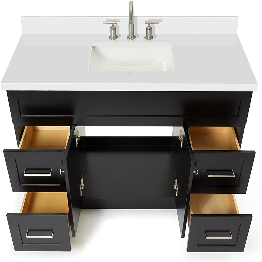 ARIEL Hamlet 48-inch Bathroom Vanity with Sink,Solid Wood, 1.5-inch Pure White Quartz Countertop & Backsplash, Single Rectangular Porcelain Sink, 2 Soft Closing Doors, 4 Dovetail Drawers, Black