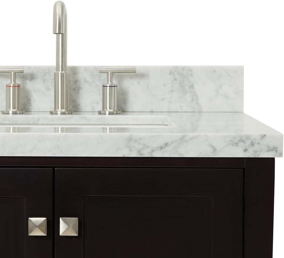 DKB Beckford 42-Inch Espresso Single Bathroom Vanity with Sink, Solid Wood, 1.5' Carrara Marble Countertop & Backsplash, Right Rectangular Undermount Sink, 2 Soft Closing Doors, 5 Drawers