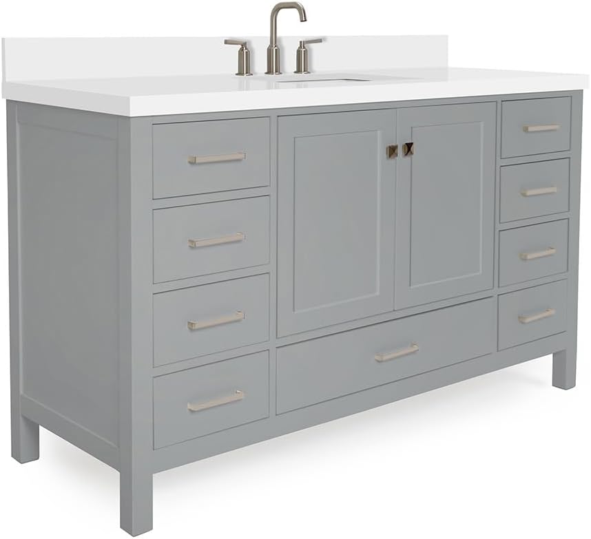 ARIEL Cambridge 60-inch Bathroom Vanity with Sink,Solid Wood, 1.5-inch Pure White Quartz Countertop & Backsplash, Single Rectangular Porcelain Sink, 2 Soft Closing Doors, 9 Dovetail Drawers, Grey