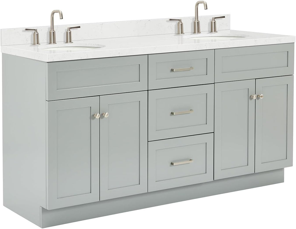 ARIEL Hamlet 66-inch Bathroom Vanity with Sink,Solid Wood, 1.5-inch Carrara White Quartz Countertop & Backsplash, Double Oval Porcelain Sink, 4 Soft Closing Doors, 3 Dovetail Drawers, Grey