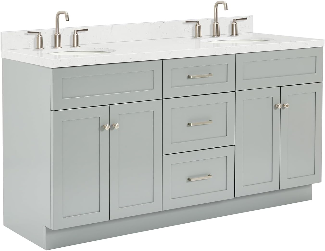 ARIEL Hamlet 66-inch Bathroom Vanity with Sink,Solid Wood, 1.5-inch Carrara White Quartz Countertop & Backsplash, Double Oval Porcelain Sink, 4 Soft Closing Doors, 3 Dovetail Drawers, Grey