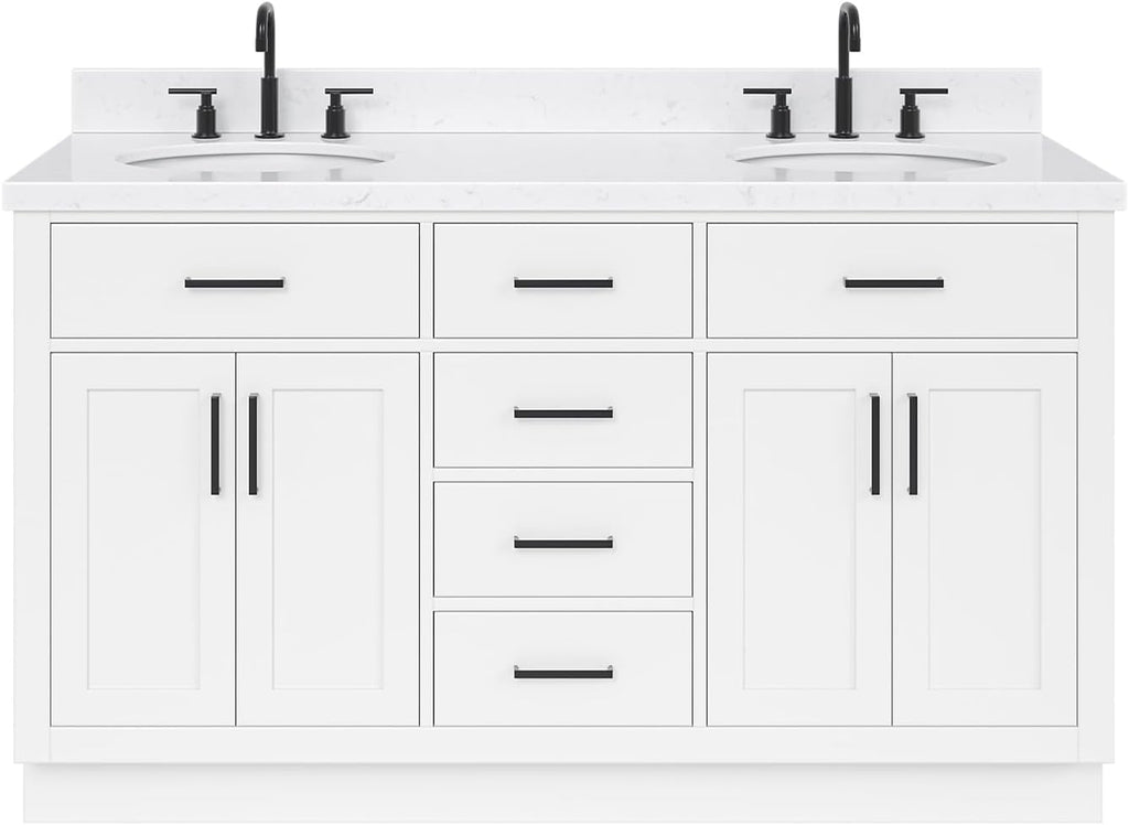 ARIEL Hepburn 60-inch Bathroom Vanity with Sink,Solid Wood, 1.5-inch Carrara White Quartz Countertop & Backsplash, Double Oval Porcelain Sink, 4 Soft Closing Doors, 6 Dovetail Drawers, White