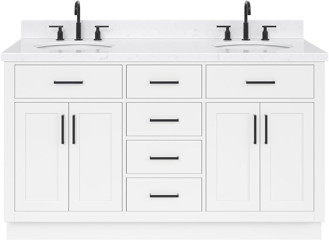 ARIEL Hepburn 60-inch Bathroom Vanity with Sink,Solid Wood, 1.5-inch Carrara White Quartz Countertop & Backsplash, Double Oval Porcelain Sink, 4 Soft Closing Doors, 6 Dovetail Drawers, White