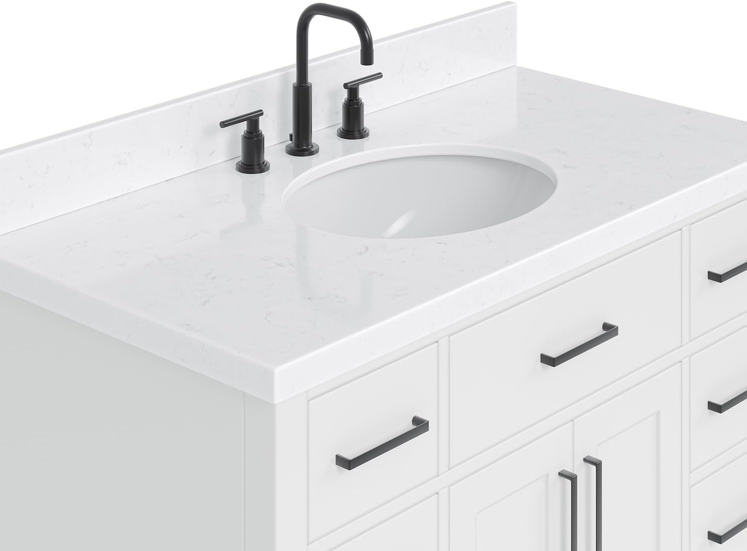 DKB Isabella 42-Inch White Bathroom Vanity with Sink, 1.5-Inch Edge Carrara Quartz Countertop, Solid Wood Frame, Oval Sink, 2 Soft Closing Doors, 9 Dovetail Drawers, Toe Kick