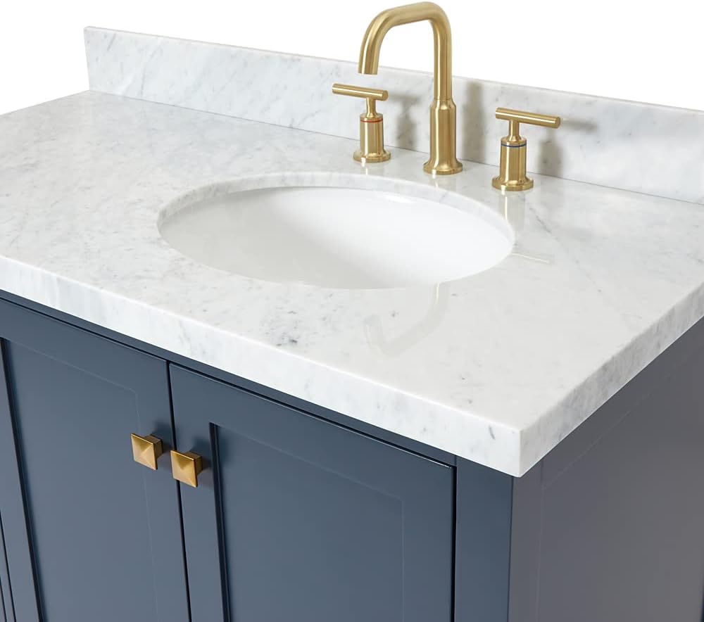 DKB Beckford 42-Inch Midnight Blue Bathroom Vanity with Single Right Oval Undermount Sink, 1.5-Inch Carrara Marble Countertop, 2 Soft-Closing Doors, 5 Dovetail Drawers, Solid Wood