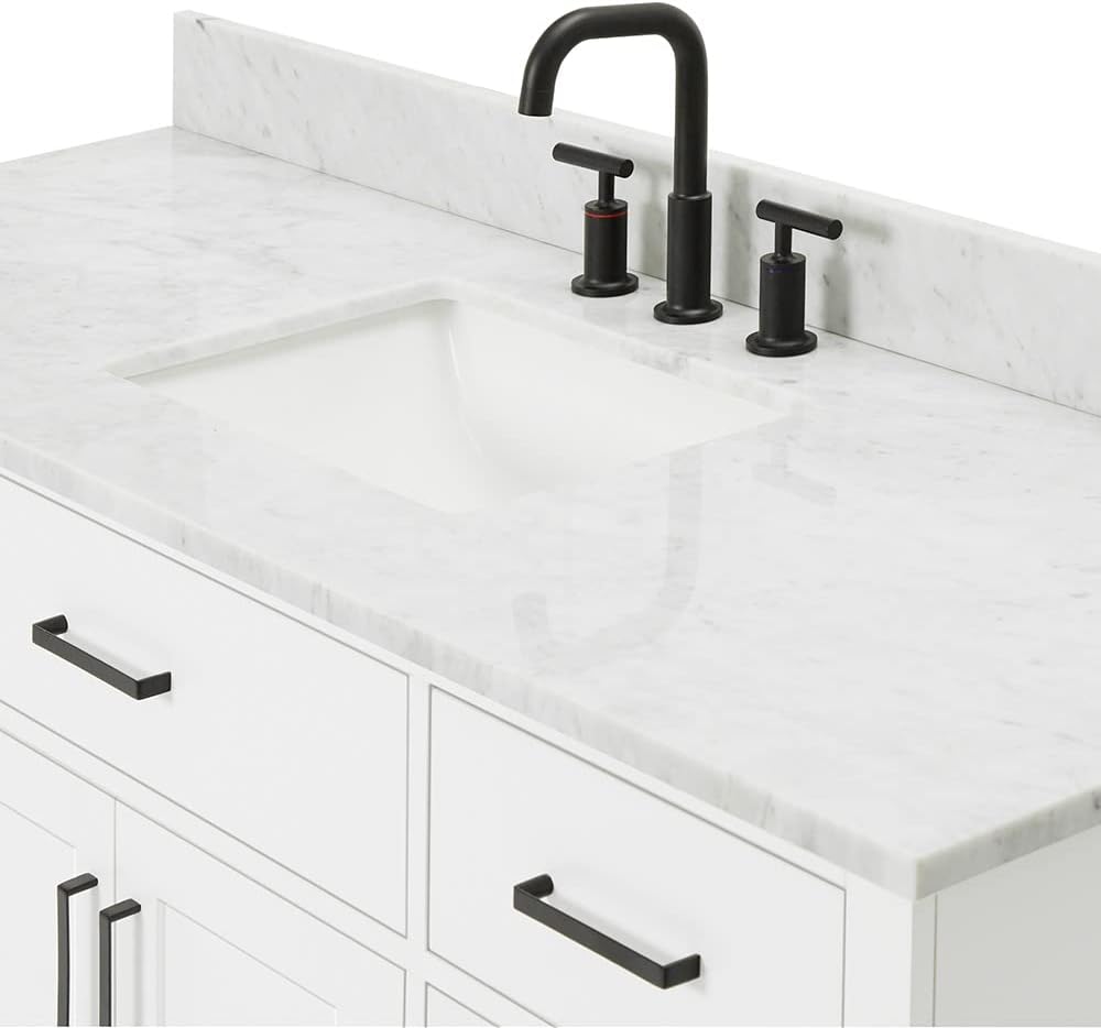 ARIEL Hepburn 60-inch Bathroom Vanity with Sink,Solid Wood, 0.75-inch Italian Carrara Marble Countertop, Single Rectangular Porcelain Sink, 2 Soft Closing Doors, 9 Dovetail Drawers, White