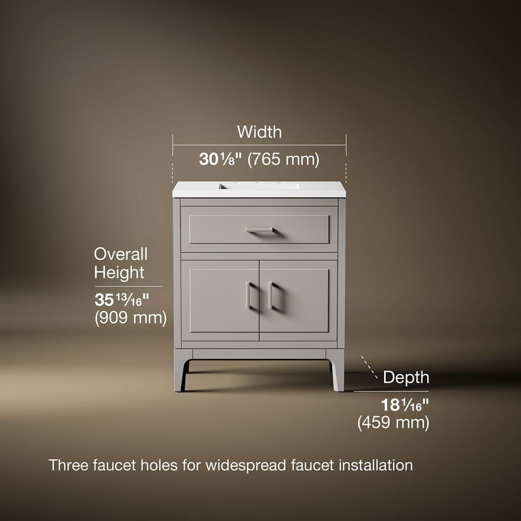 Kohler Seer 30 Inch Bathroom Vanity Cabinet with White Single Sink and Quartz Top, Modern Bathroom Vanity, Mohair Gray, K-33552-ASB-1WT