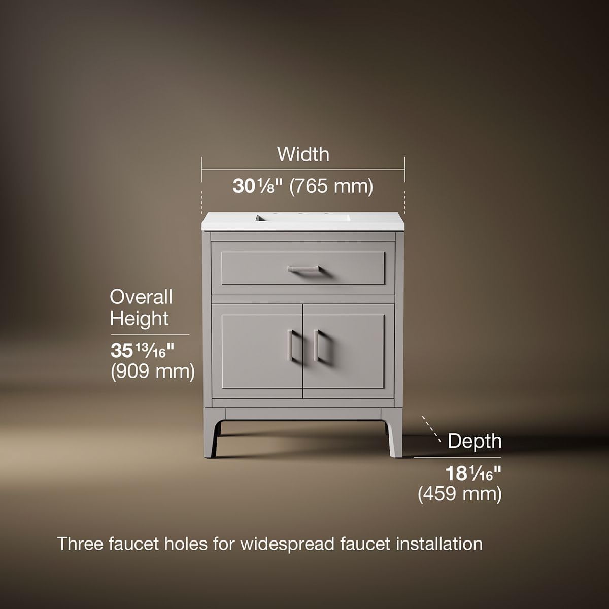 Kohler Seer 30 Inch Bathroom Vanity Cabinet with White Single Sink and Quartz Top, Modern Bathroom Vanity, Mohair Gray, K-33552-ASB-1WT