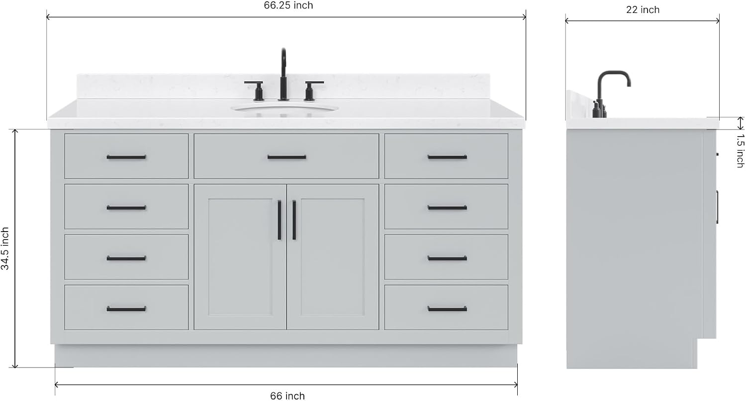 ARIEL Hepburn 66-inch Bathroom Vanity with Sink,Solid Wood, 1.5-inch Carrara White Quartz Countertop & Backsplash, Single Oval Porcelain Sink, 2 Soft Closing Doors, 9 Dovetail Drawers, Grey