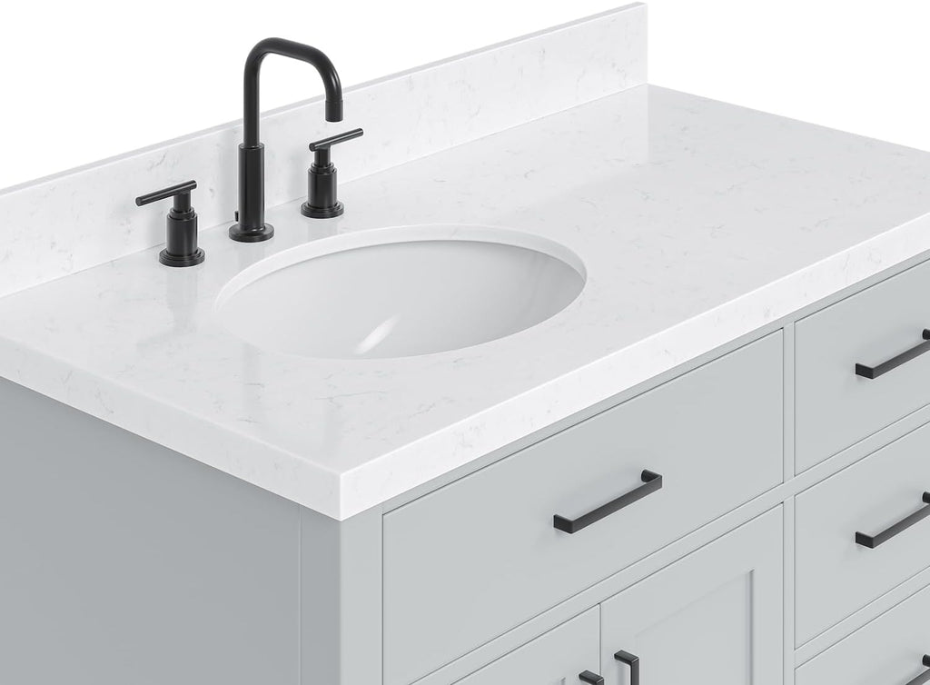 DKB Isabella 42-Inch Gray Bathroom Vanity with Sink, 1.5-Inch Carrara Quartz Countertop, Left Oval Undermount Sink, Solid Wood, 2 Soft-Closing Doors, 5 Full Extension Dovetail Drawers, Toe Kick