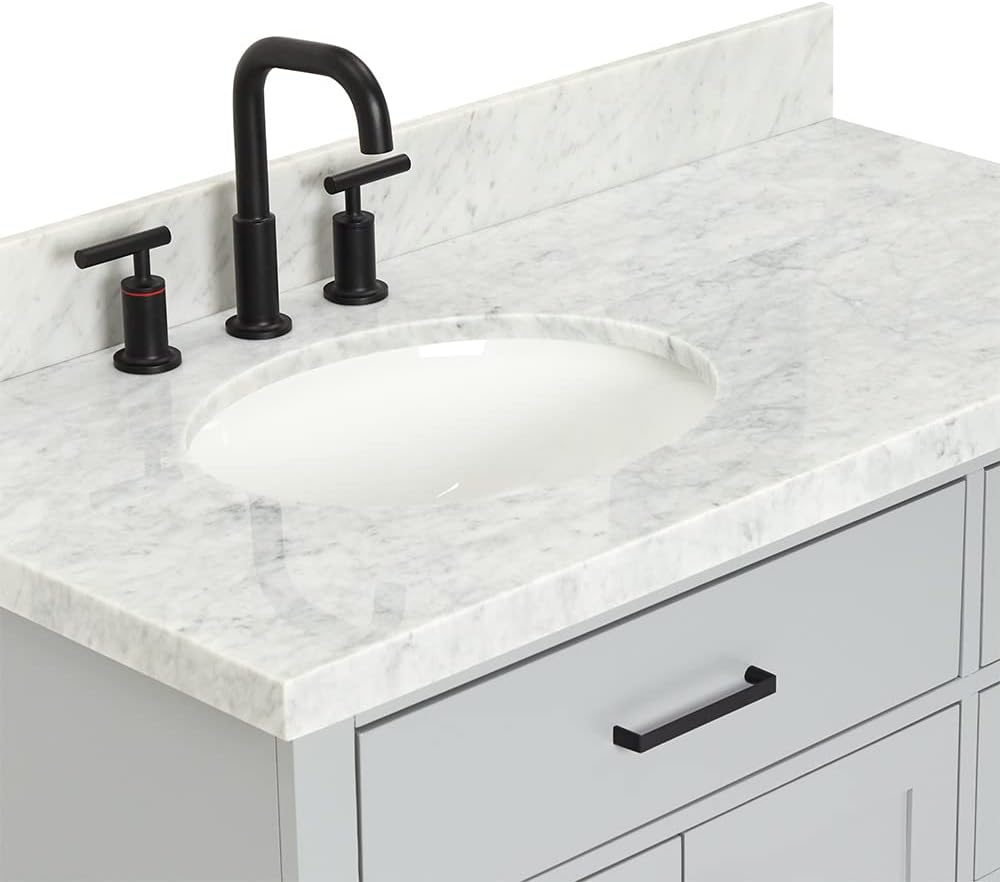 ARIEL Hepburn 43' Inch Left Offset Oval Sink Vanity with 1.5' Edge Carrara White Countertop in Grey