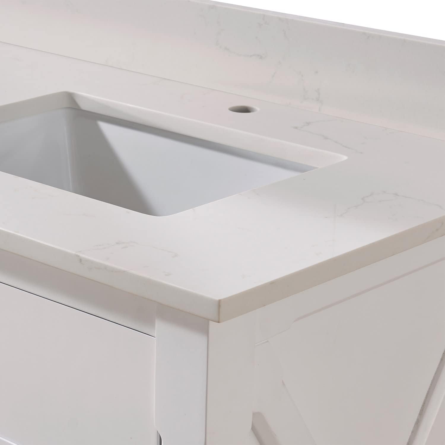 Pemberly Row Modern 73' Composite Stone Double Vanity Top, White Finish, Fits 72' W x 21' D Vanity Cabinet, Includes 2 Undermount Ceramic Basins, Pre-Drilled Faucet Holes, Matching 4' Backsplash